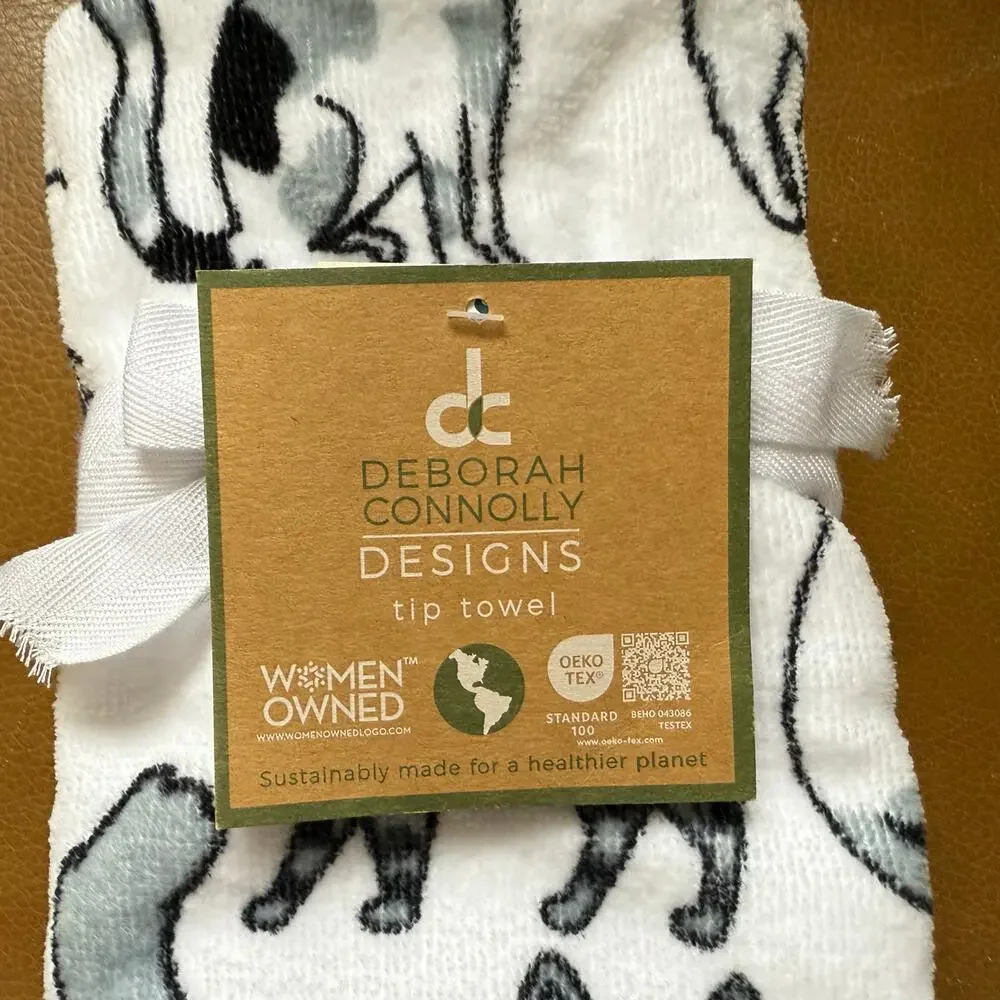 NWT Deborah Connolly Designs Tip Towel White Black Grey Cat NEW